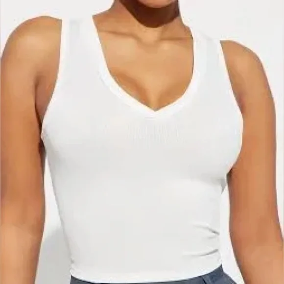 SHEIN White High Neck V-Neck Cropped Basic Ribbed Tank Top Casual Cute Shirt M - Picture 2 of 13